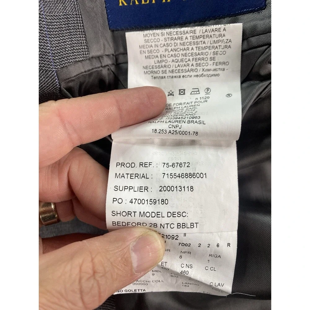 Polo Ralph Lauren Suit Jacket 46 R Gray Wool Glen Plaid Luxury Designer Bedford